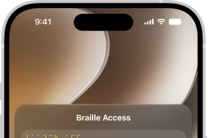 An iPhone with the Braille Access menu open, showing the following options: Launch App, Choose Item, Braille Notes, BRF Files, Nemeth Calculator, Live Captions, and Time.