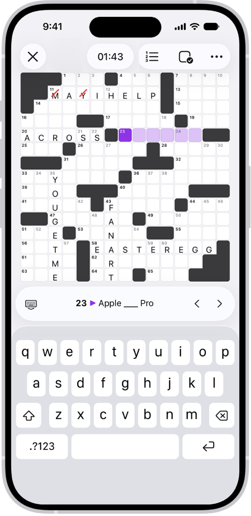 A partially filled crossword puzzle, with controls above it, and a keyboard open at the bottom.