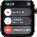 The emergency services screen. Near the top is the Medical ID slider, in the middle is the Compass Backtrack slider, and at the bottom is the Emergency Call slider.