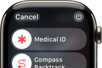 The emergency services screen. Near the top is the Medical ID slider, in the middle is the Compass Backtrack slider, and at the bottom is the Emergency Call slider.