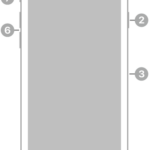 The front view of iPhone SE (3rd generation). The front camera is at the top, to the left of the speaker. On the right side, from top to bottom, are the side button and the SIM tray. The Home button is at the bottom center. The Lightning connector is on the bottom edge. On the left side, from bottom to top, are the volume buttons and the Ring/Silent switch.