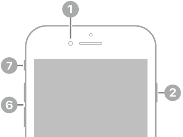 The front view of iPhone SE (3rd generation). The front camera is at the top, to the left of the speaker. On the right side, from top to bottom, are the side button and the SIM tray. The Home button is at the bottom center. The Lightning connector is on the bottom edge. On the left side, from bottom to top, are the volume buttons and the Ring/Silent switch.