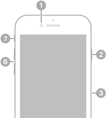 The front view of iPhone SE (3rd generation). The front camera is at the top, to the left of the speaker. On the right side, from top to bottom, are the side button and the SIM tray. The Home button is at the bottom center. The Lightning connector is on the bottom edge. On the left side, from bottom to top, are the volume buttons and the Ring/Silent switch.