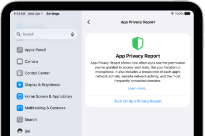 The App Privacy Report screen, where you can turn on a report to show how often apps use the permissions you've granted them, along with their network activity.