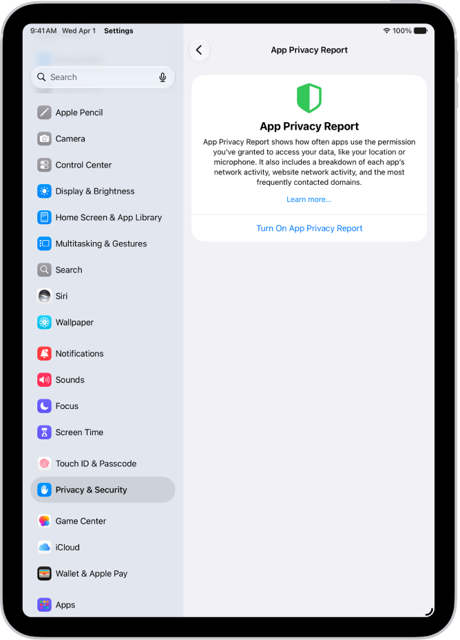 The App Privacy Report screen, where you can turn on a report to show how often apps use the permissions you’ve granted them, along with their network activity.