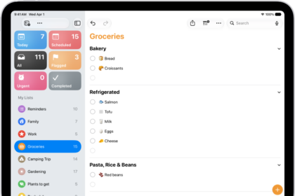 The Reminders app, showing a grocery list with items in categories such as Produce and Seafood.