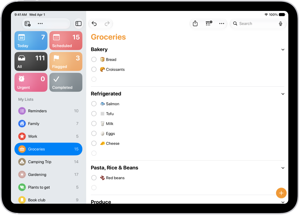The Reminders app showing a grocery list with items in categories such as Breads & Cereals and Dairy, Eggs, & Cheese.
